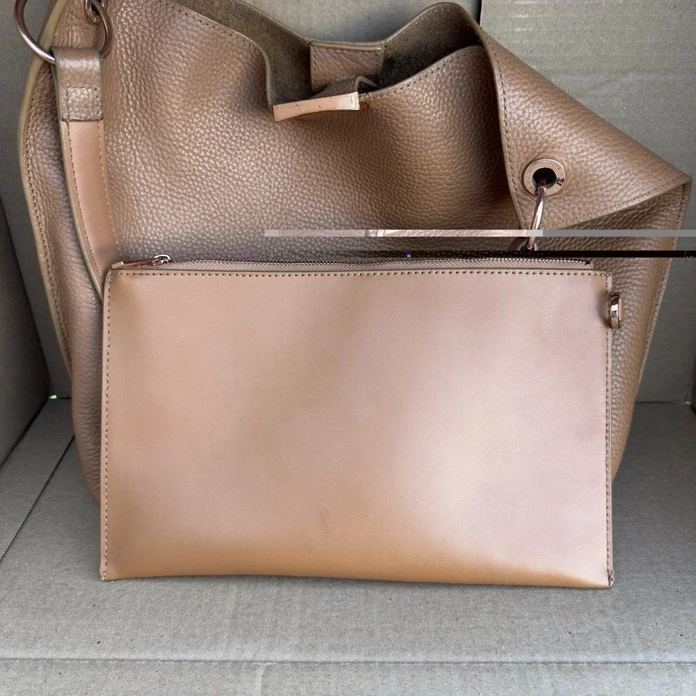 Ted Baker London Leather Pebbled Tote Bag w/ Detachable Pouch Tan Brown